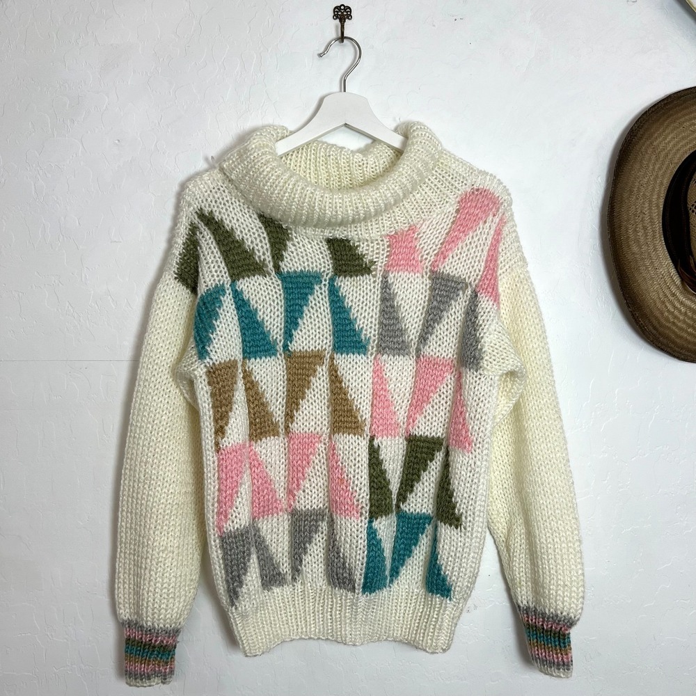 Vintage Evian II Hand Knit Geometric Cowl Neck Sweater Ivory Pastel Multi Sz M